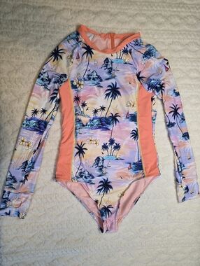 Hobie Tropical Long Sleeve One Piece Swimsuit Pink Coral Palm Print Girls